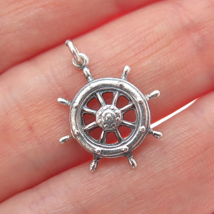 925 Sterling Silver Vintage Ship Wheel Oxidized Minimalist Charm Pendant