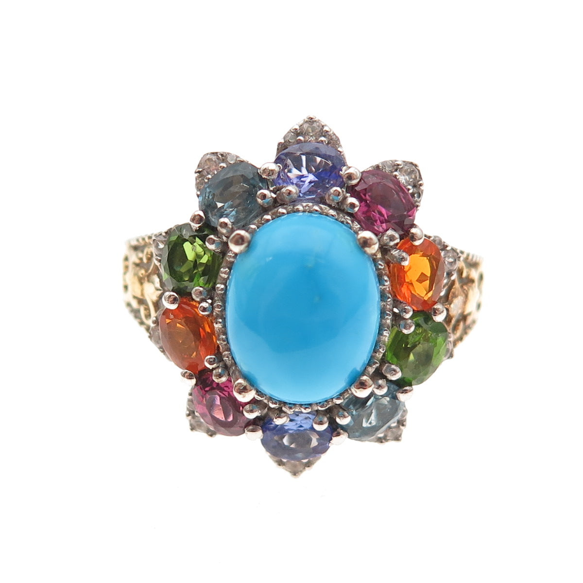 Chuck Clemency 925 Sterling Silver Real Turquoise & Multi-Color Gem Ring Size 8