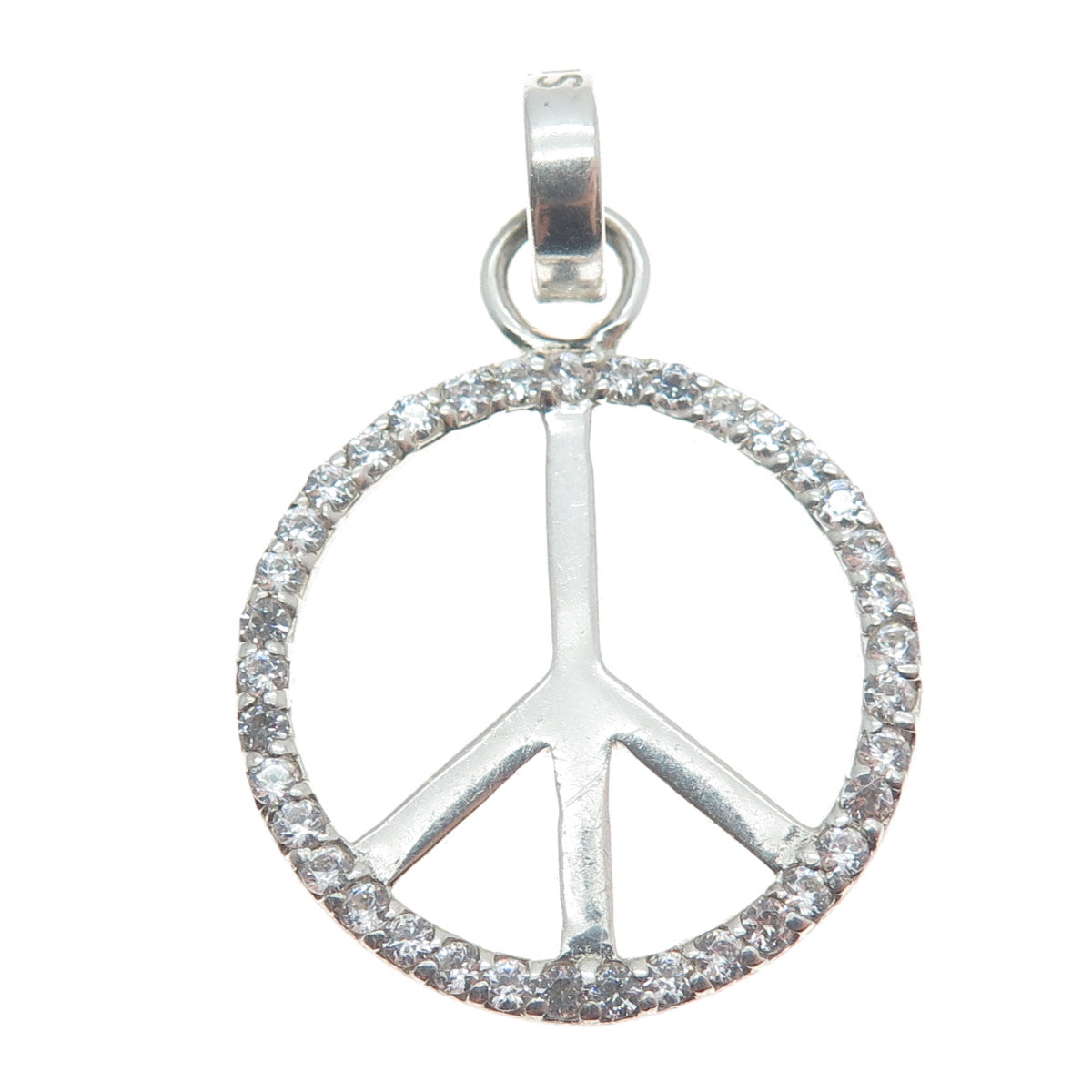 925 Sterling Silver Round-Cut C Z Peace Symbol Charm Pendant