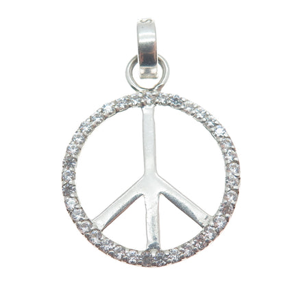 925 Sterling Silver Round-Cut C Z Peace Symbol Charm Pendant