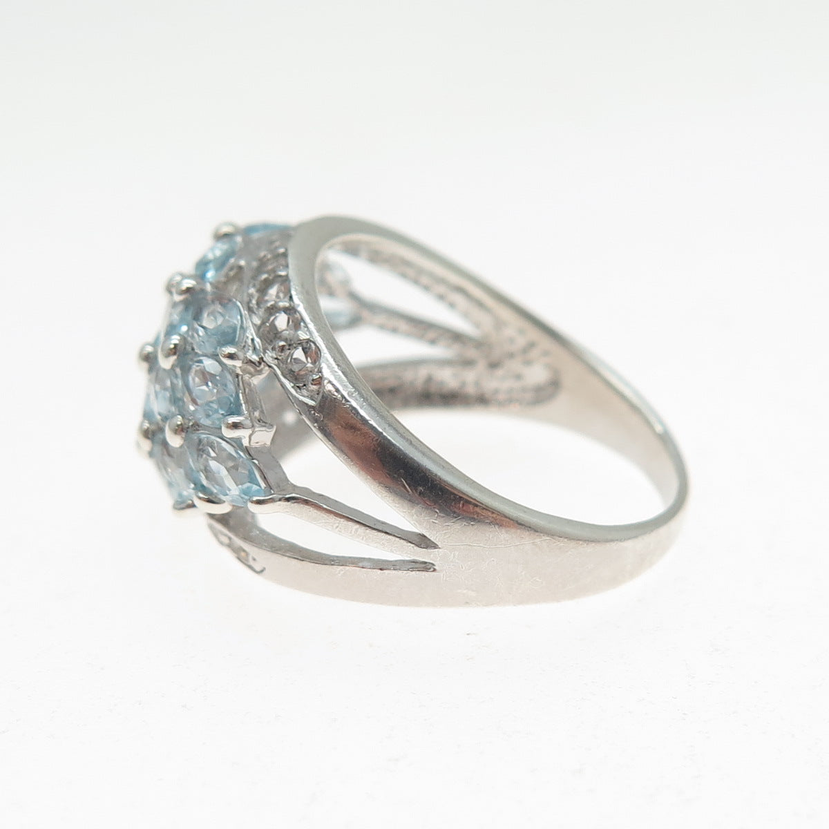 HAN 925 Sterling Silver Real Marquise & Round-Cut Blue White Topaz Ring Size 8.5