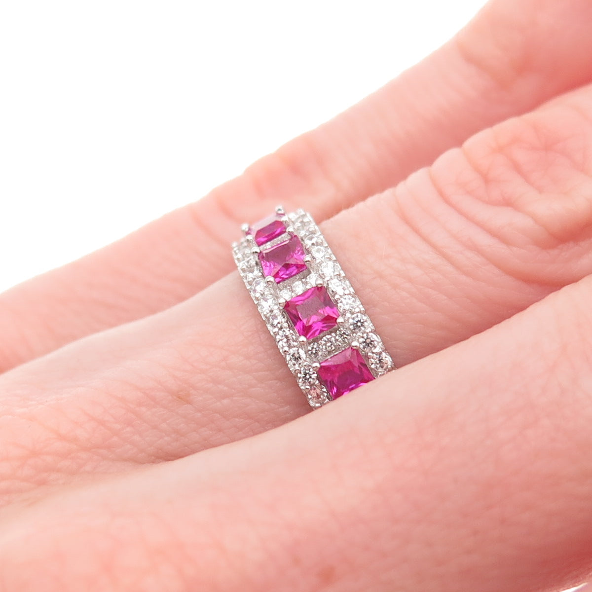 925 Sterling Silver Lab-Created Ruby & C Z Band Ring Size 5.25