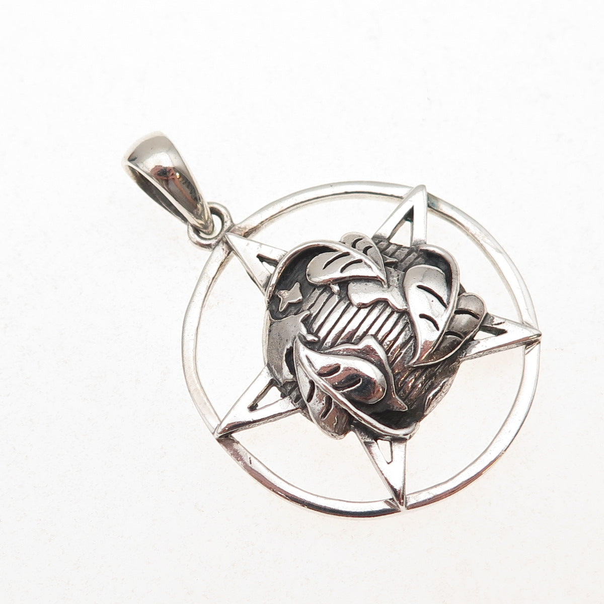 925 Sterling Silver Vintage Pentagram Floral Globe Oxidized Pendant