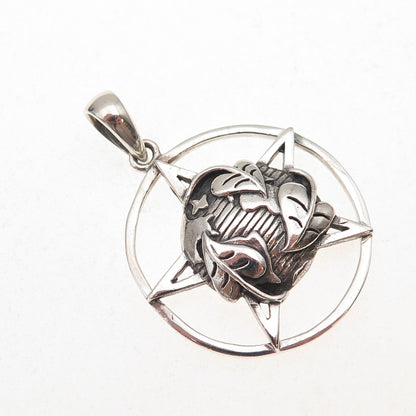 925 Sterling Silver Vintage Pentagram Floral Globe Oxidized Pendant