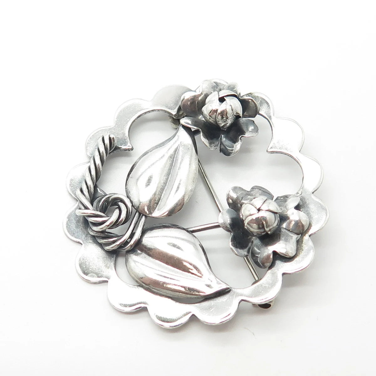 925 Sterling Silver Vintage Hand Made Floral Leaf Pin Brooch