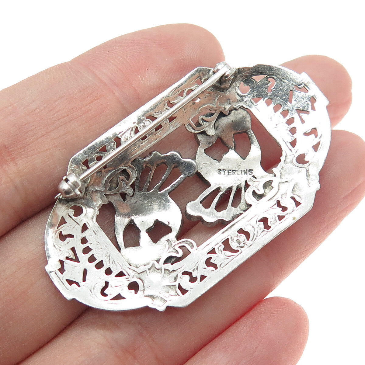 925 Sterling Silver Antique Art Deco Marcasite Gem Floral Leaf Ornate Brooch