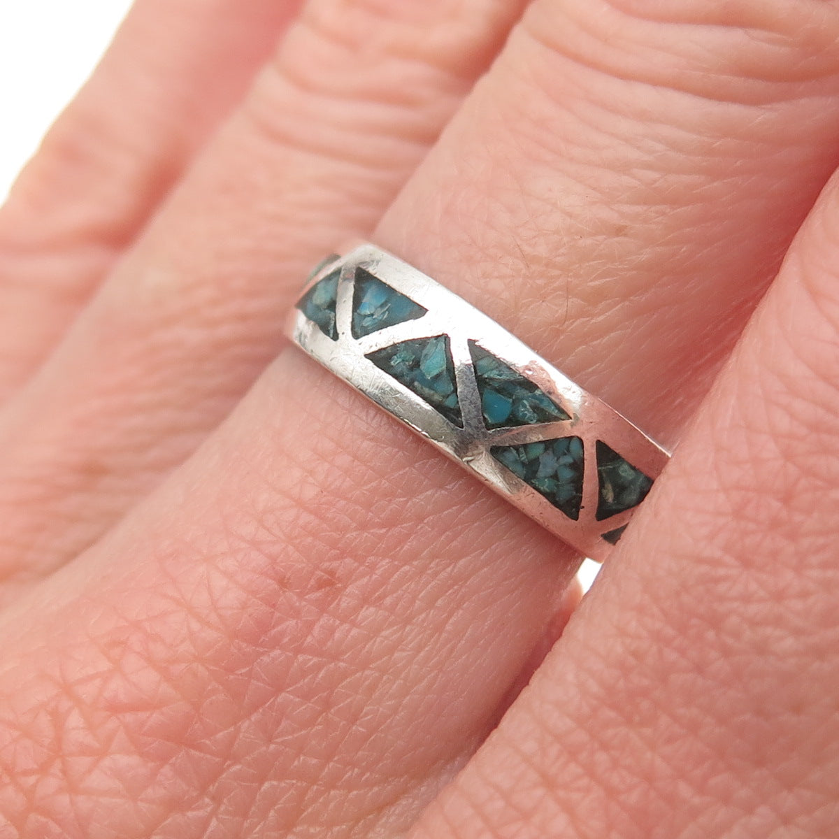Old Pawn 925 Sterling Silver Vintage Turquoise Inlay Tribal Band Ring Size 6.5