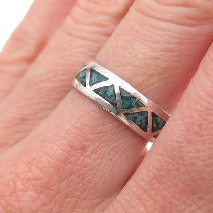 Old Pawn 925 Sterling Silver Vintage Turquoise Inlay Tribal Band Ring Size 6.5