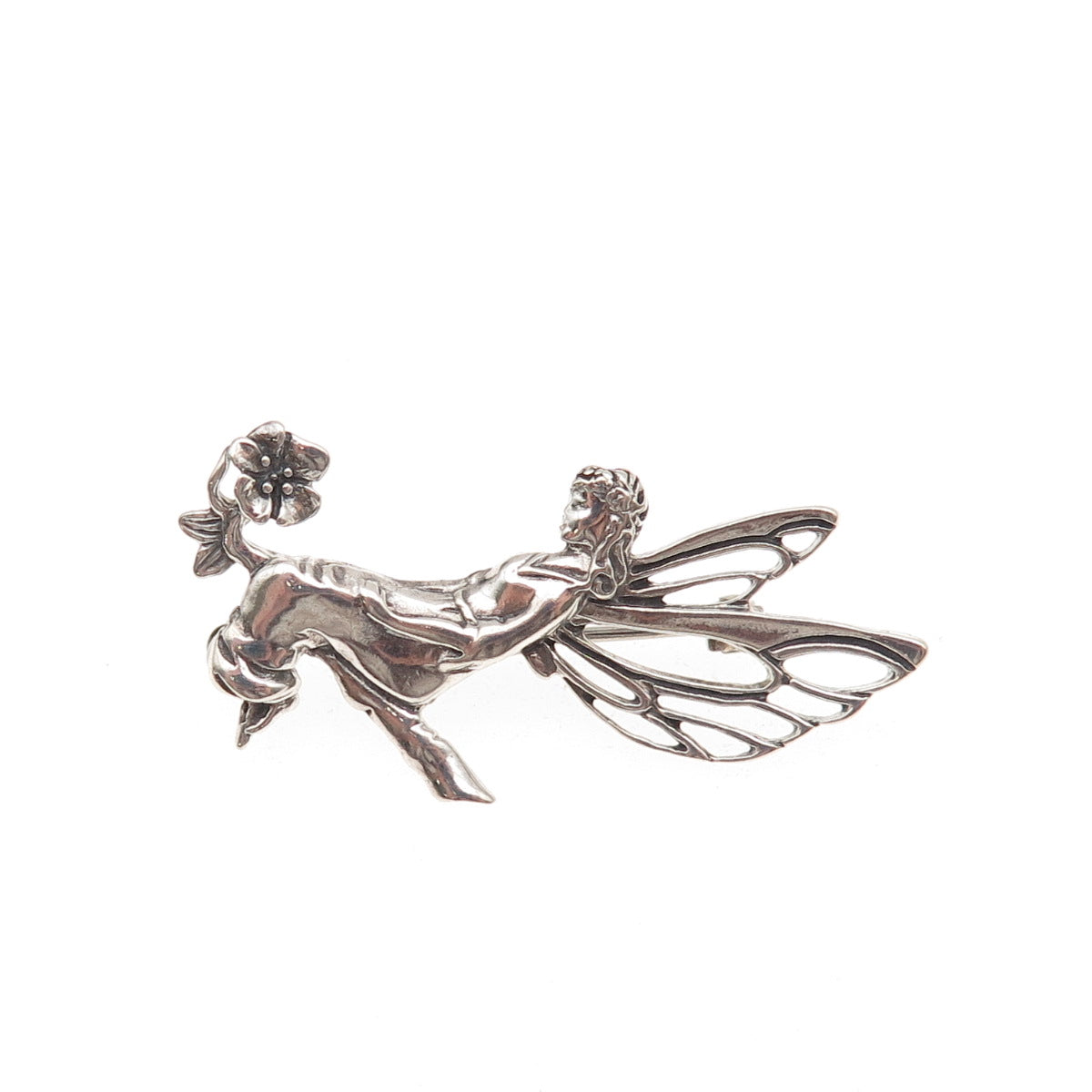 Jezlaine 925 Sterling Silver Vintage Fairy Floral Oxidized Pin Brooch