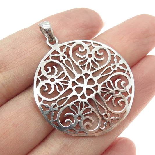 925 Sterling Silver Vintage Ornate Round Pendant