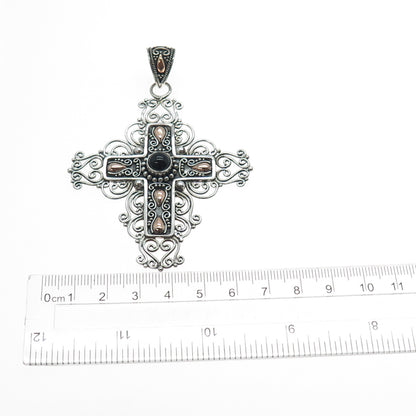 SUARTI BALI 925 Sterling Silver 18K Gold Vintage Real Black Onyx Cross Pendant