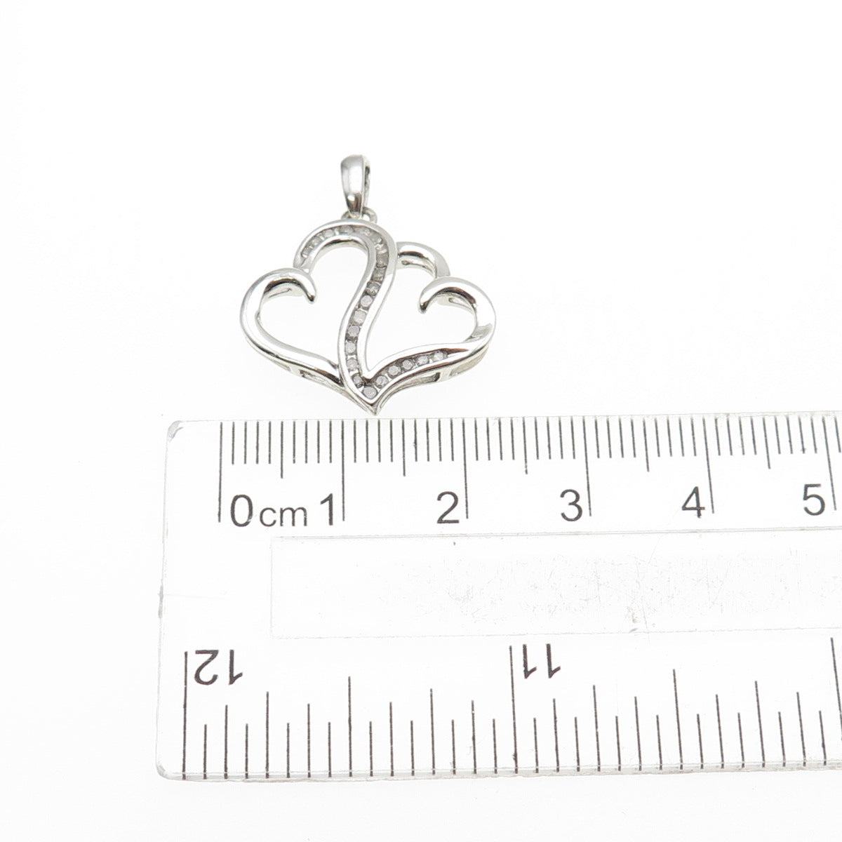 925 Sterling Silver Real Round-Cut Diamond Couple Heart Mini Charm Pendant