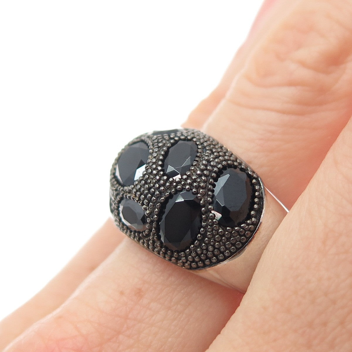 925 Sterling Silver Black Rhodium Vintage Real Black Spinel Ring Size 9.5