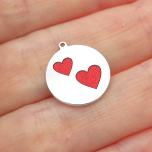 925 Sterling Silver Red Enamel Couple Heart Round Tag Minimalist Charm Pendant