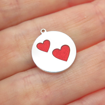 925 Sterling Silver Red Enamel Couple Heart Round Tag Minimalist Charm Pendant