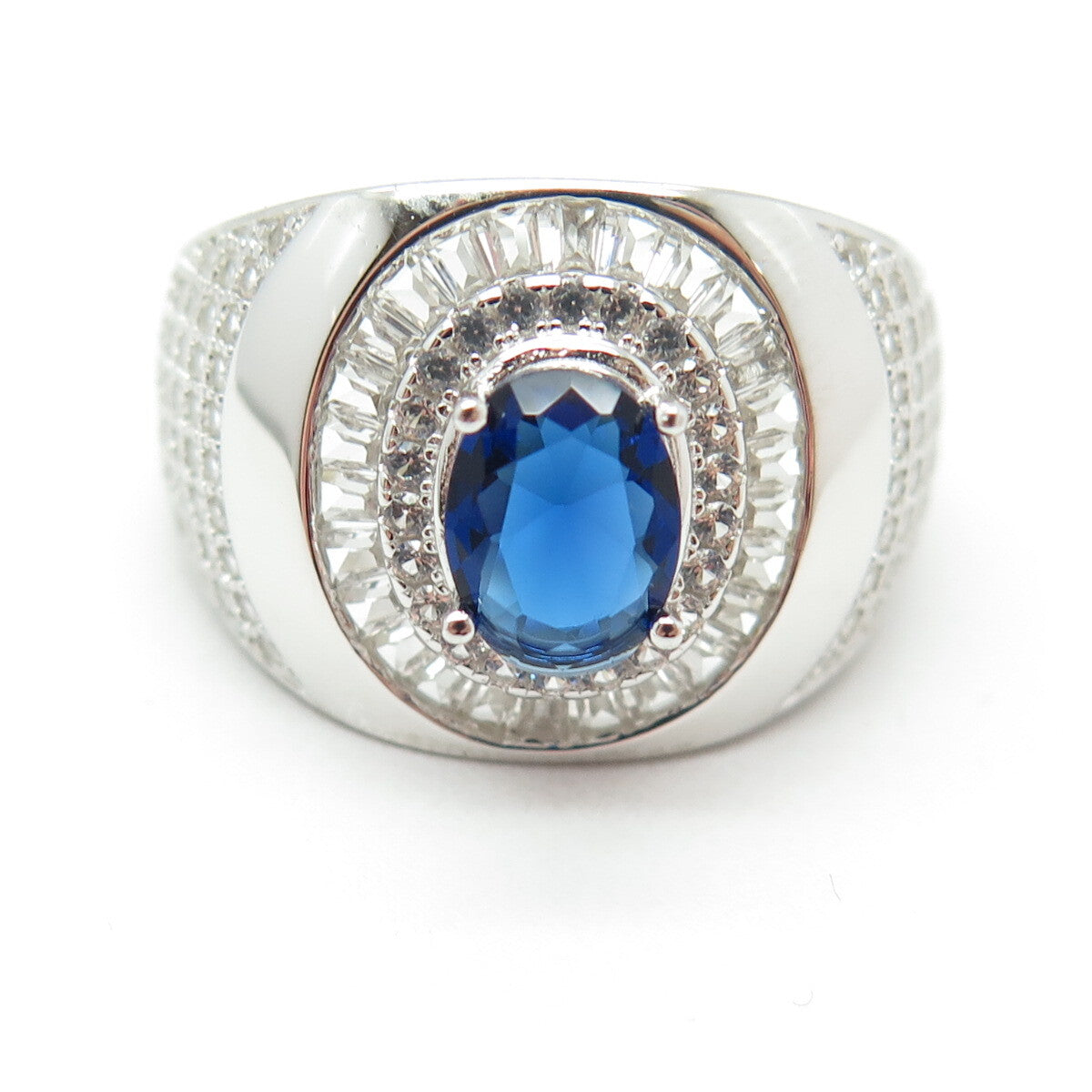 HAN 925 Sterling Silver White Topaz Gem & Lab-Created Sapphire Ring Size 10.75