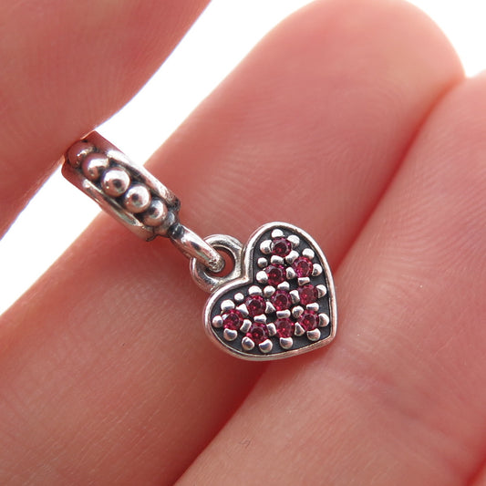 PANDORA 925 Sterling Silver Round-Cut Red C Z Dangle Heart Charm