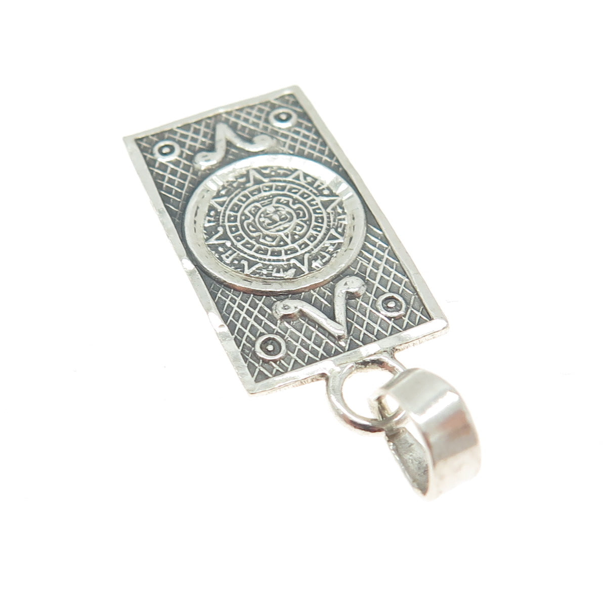 JEM 925 Sterling Silver Vintage Mayan Calendar Oxidized Bar Pendant