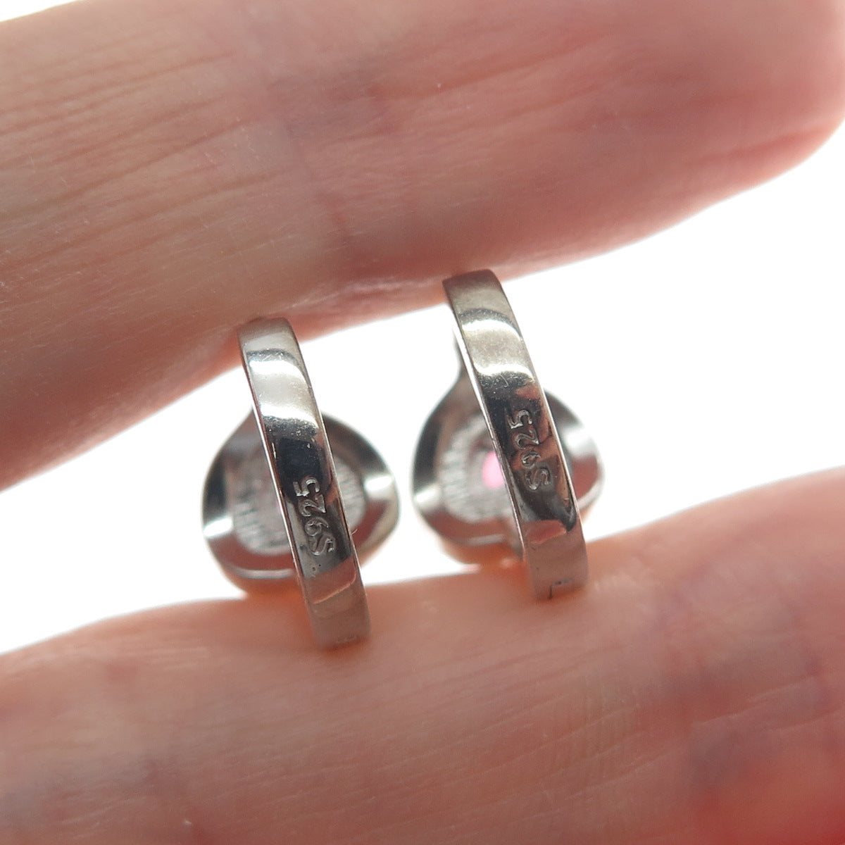 925 Sterling Silver Heart-Cut Pink & Round-Cut White C Z Hoop Earrings