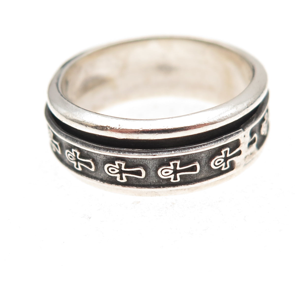 925 Sterling Silver Vintage Egyptian Ankh Rotating Oxidized Band Ring Size 10