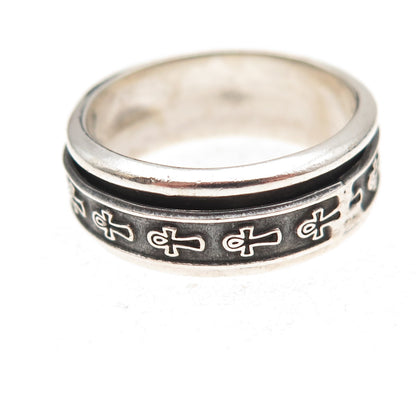 925 Sterling Silver Vintage Egyptian Ankh Rotating Oxidized Band Ring Size 10