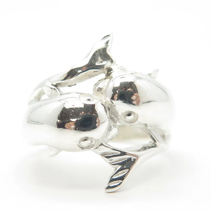 925 Sterling Silver Vintage Shiny 2 Playing Dolphins Cocktail Ring Size 9.25