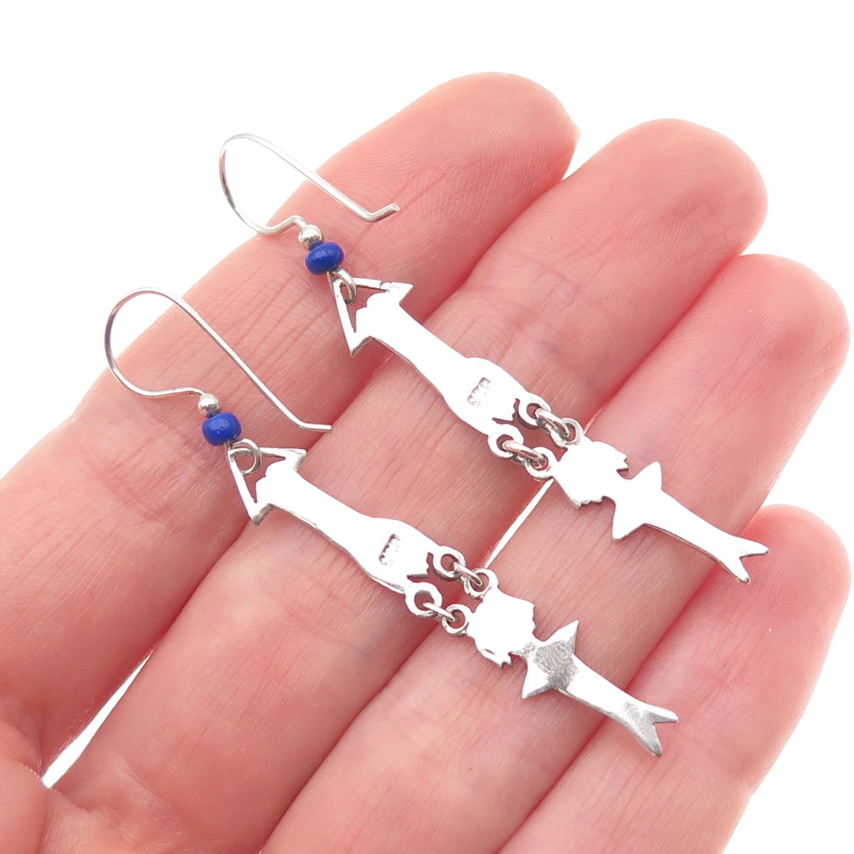 925 Sterling Silver Vintage Real Lapis Circus Acrobat Duet Dangle Earrings