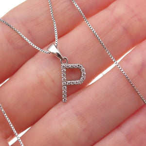925 Sterling Silver Round-Cut C Z Letter P Initial Box Chain Necklace 18"