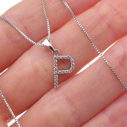 925 Sterling Silver Round-Cut C Z Letter P Initial Box Chain Necklace 18"