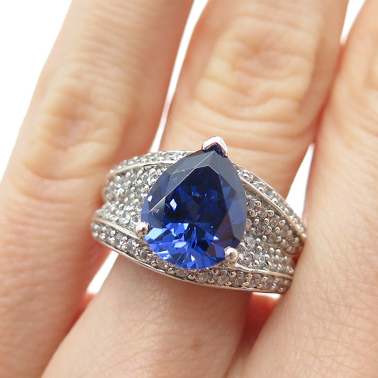 925 Sterling Silver Pear & Round-Cut Blue White C Z  Ring Size 6