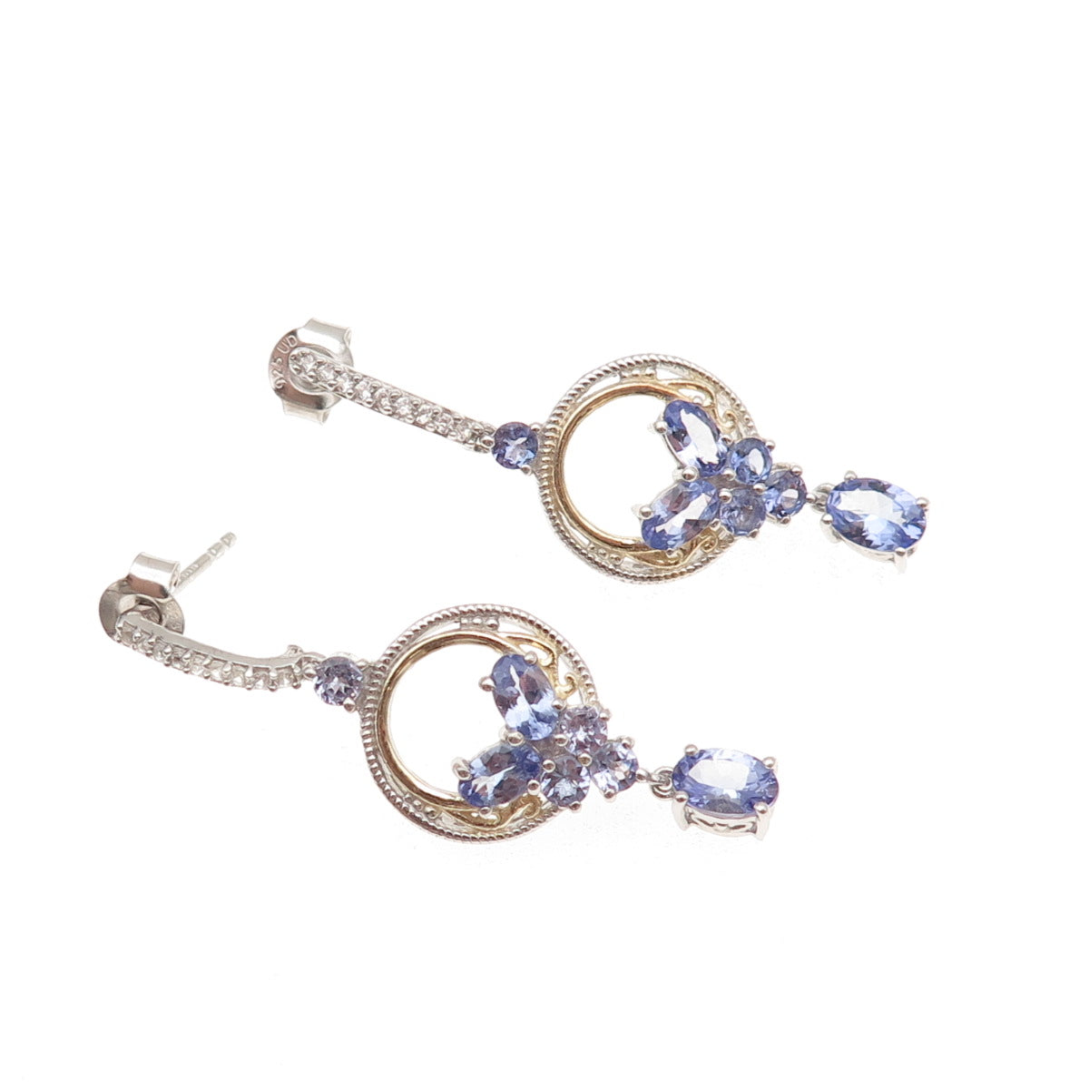 Chuck Clemency 925 Sterling Silver 2-Tone Real Tanzanite & White Topaz Earrings
