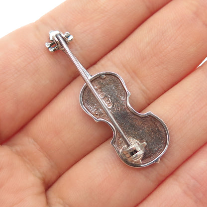 925 Sterling Silver Vintage Violin Music Instrument Oxidized Pin Brooch