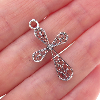 925 Sterling Silver Vintage Cross Filigree Oxidized Charm Pendant
