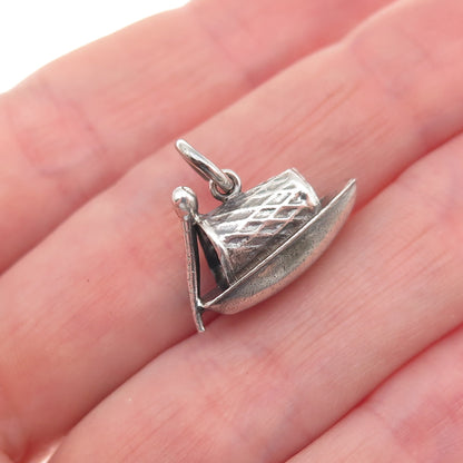 925 Sterling Silver Vintage Japanese Row Boat Oxidized 3D Mini Charm Pendant