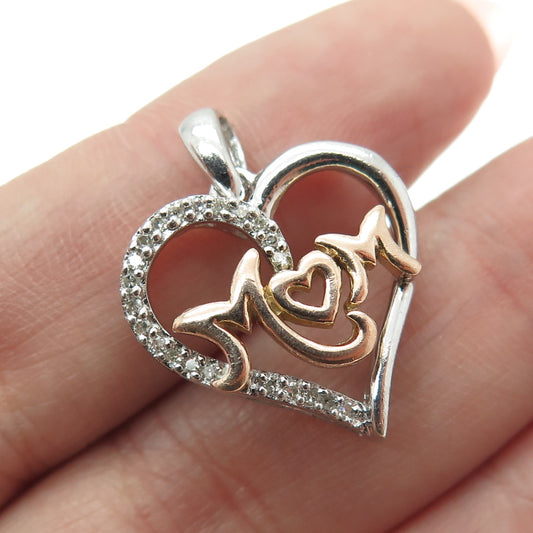 SUN 925 Sterling Silver & 10K Rose Gold Real Diamond "MOM" Heart Pendant