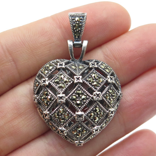 ROSS SIMONS 925 Sterling Silver Vintage Real Marcasite Heart Oxidized Pendant