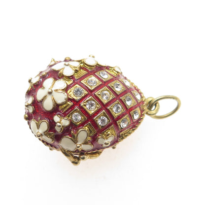 925 Sterling Gold Plated Vintage Enamel Rhinestone Easter Egg Cat Locket Pendant