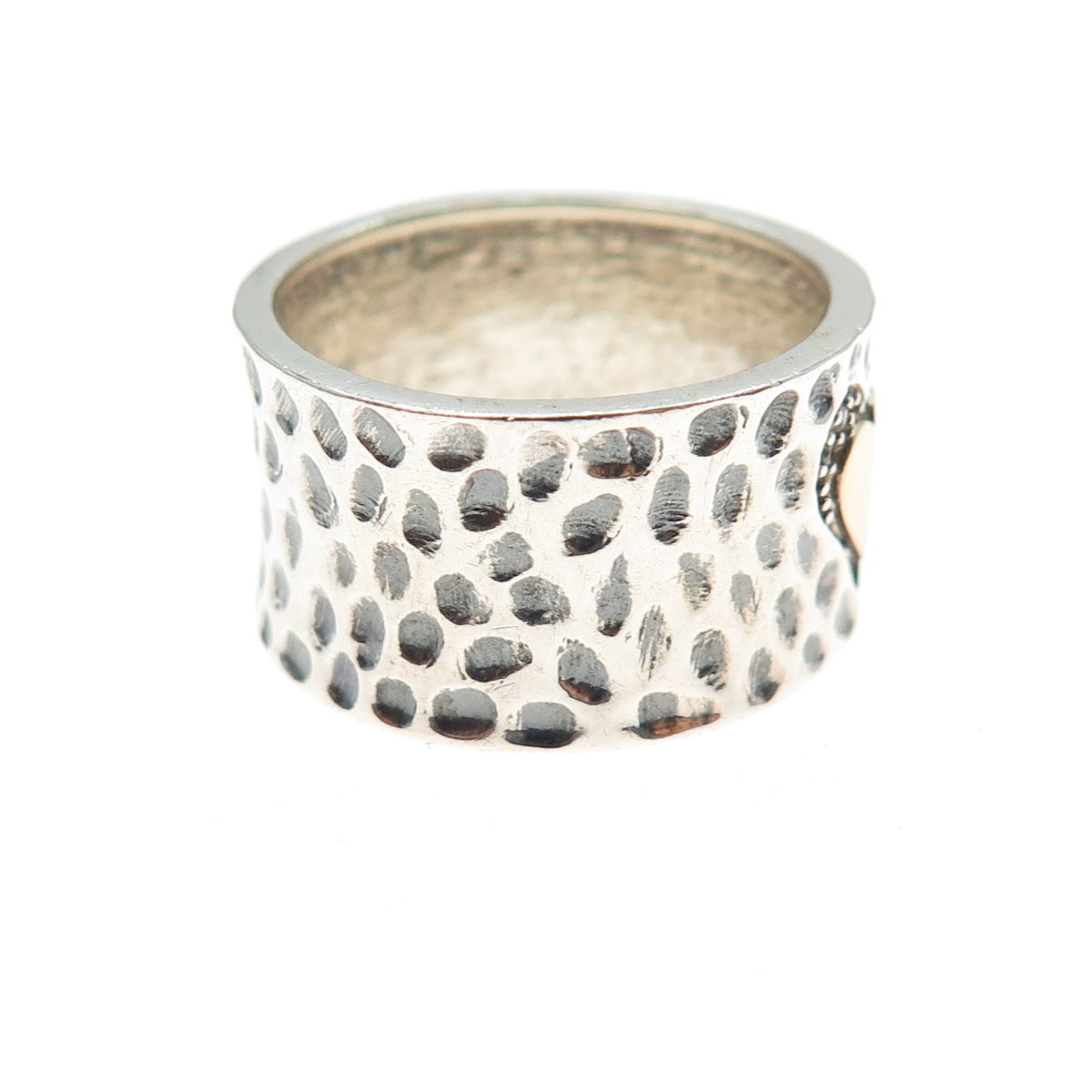 925 Sterling Silver 14K Gold Vintage Round-Cut C Z Heart Hammered Ring Size 7.75