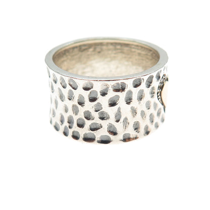 925 Sterling Silver 14K Gold Vintage Round-Cut C Z Heart Hammered Ring Size 7.75