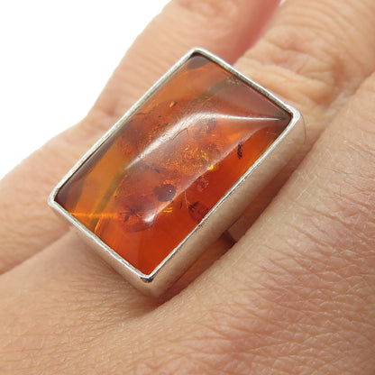 925 Sterling Silver Vintage Real Baltic Amber Modernist Ring Size 6.5