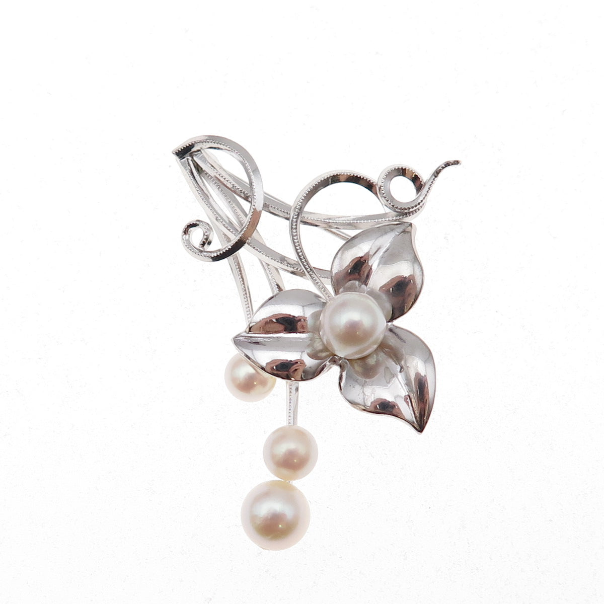 925 Sterling Silver Vintage Real Pearl Floral Pin Brooch