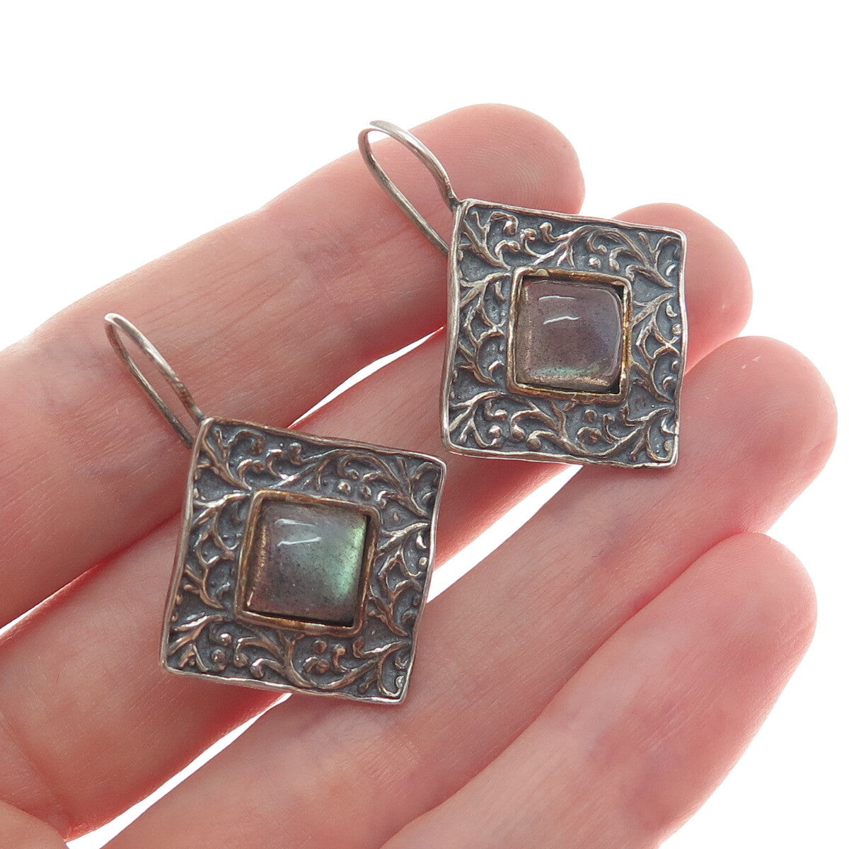 DIDAE 925 Sterling Silver Vintage Israel Real Labradorite Oxidized Earrings
