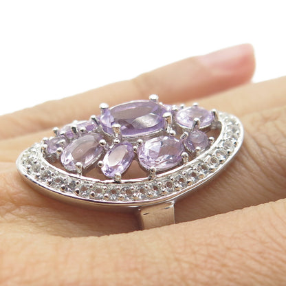 925 Sterling Silver Real Amethyst & White Topaz Cluster Ring Size 7