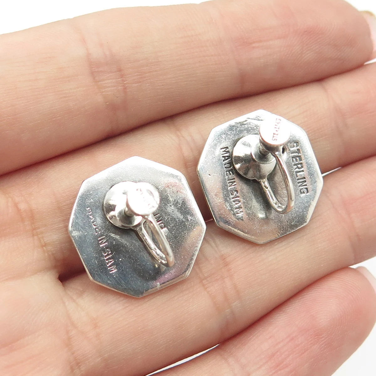 925 Sterling Silver Vintage Siam Niello Hindu Goddess Screw Back Earrings