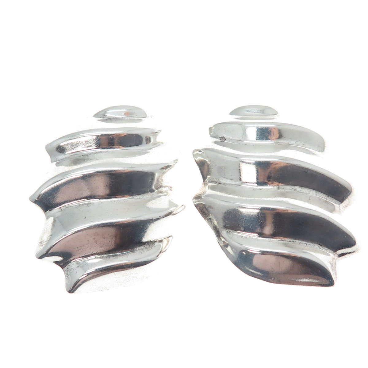 925 Sterling Silver Vintage Mexico Modernist Wavy Clip On Earrings
