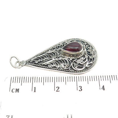 925 Sterling Silver Vintage Real Tourmaline Filigree Teardrop Pendant