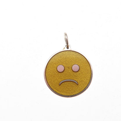 925 Sterling Silver Yellow Enamel Sad Face Emoji Charm Pendant