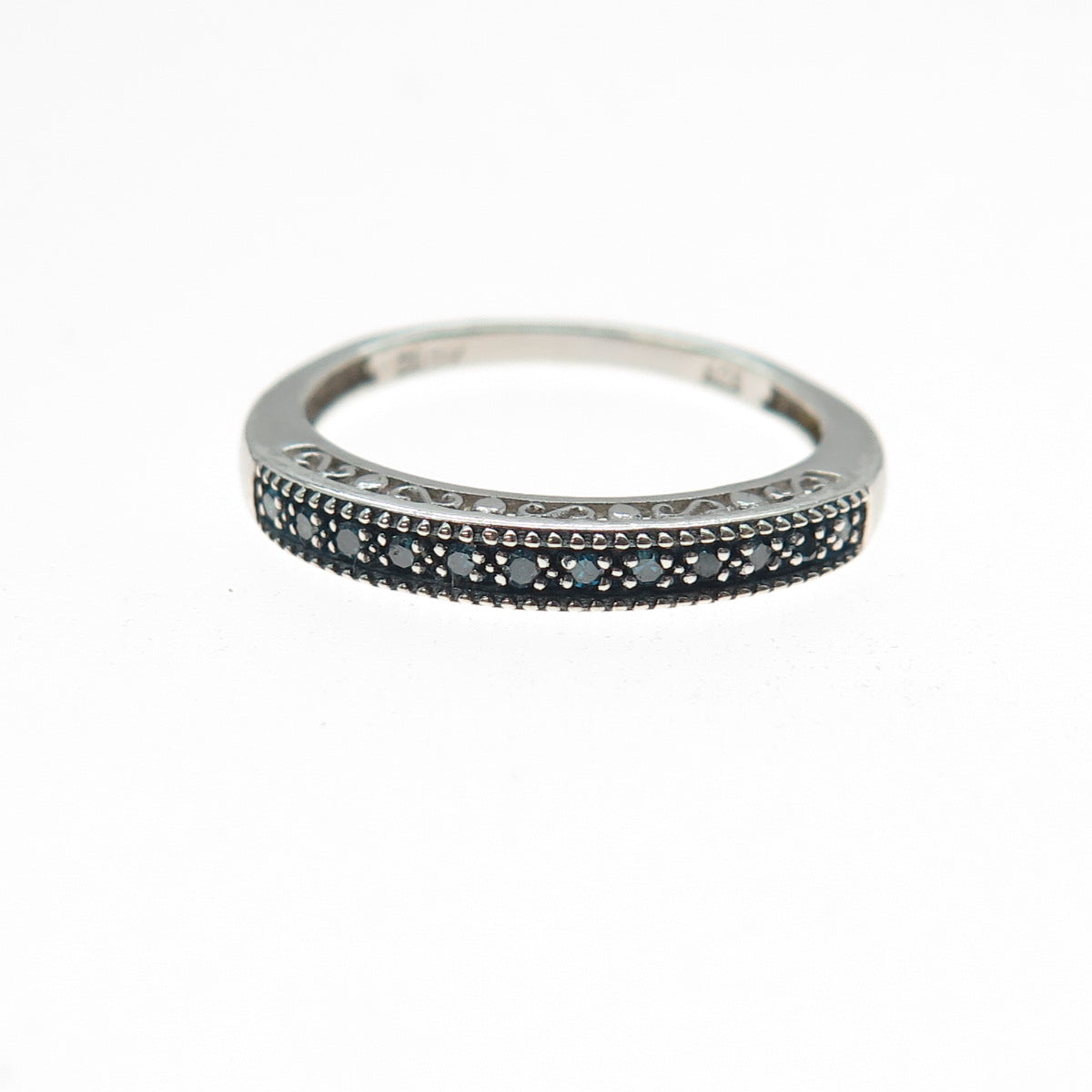 925 Sterling Silver Real Round-Cut Blue Diamond Half Eternity Ring Size 7.25