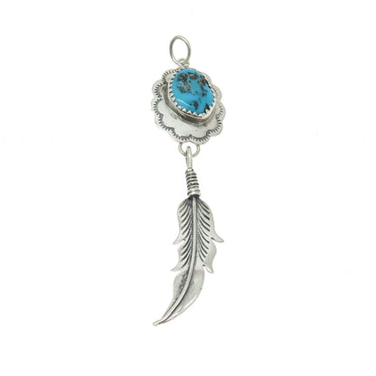 Old Pawn Sterling Silver Southwestern Morenci Turquoise Feather Tribal Pendant