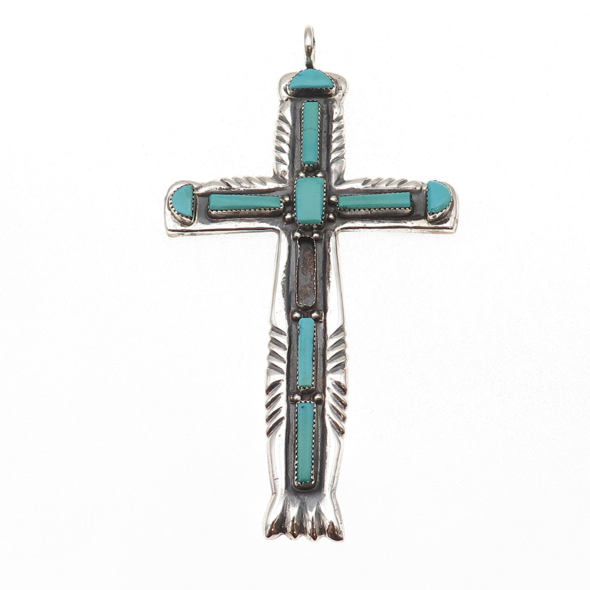 Lupe Iule Zuni Old Pawn Sterling Turquoise Cross 80.2g Pendant (missing stone)